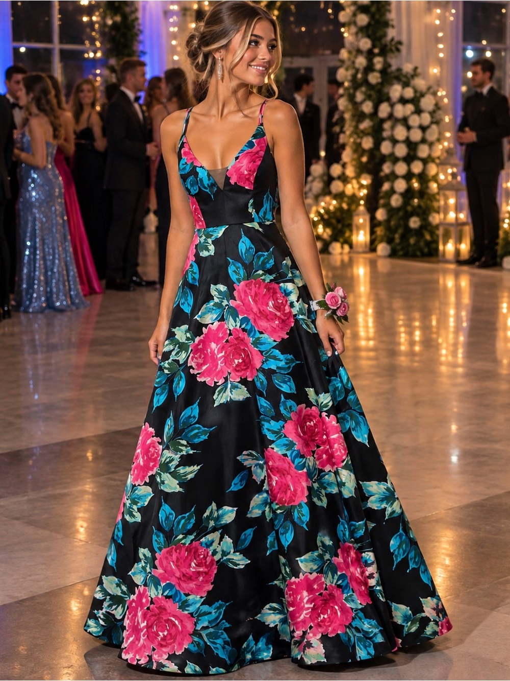 NWT TRIXXI Floral Maxi Dress Size 3 Black Pink Turquoise Roses